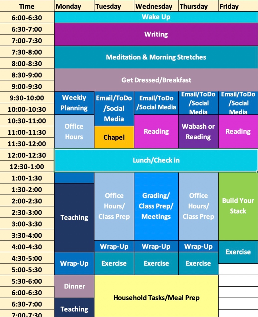 Weekly schedule template designed as grid divided into six columns. First column lists times in 30 minute increments. Remaining columns show each day's planned activities.